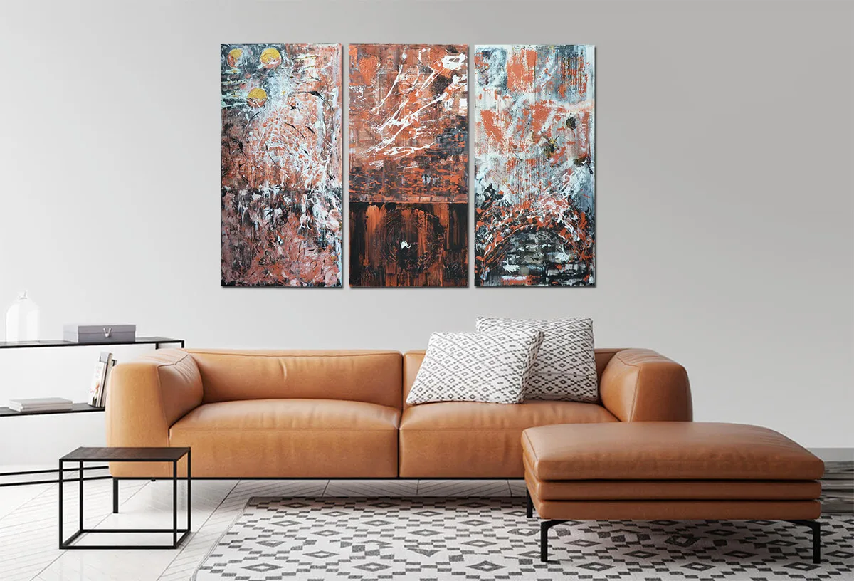 abstract painting abstract art tryptych painting copper black colours benie benedicte beguin