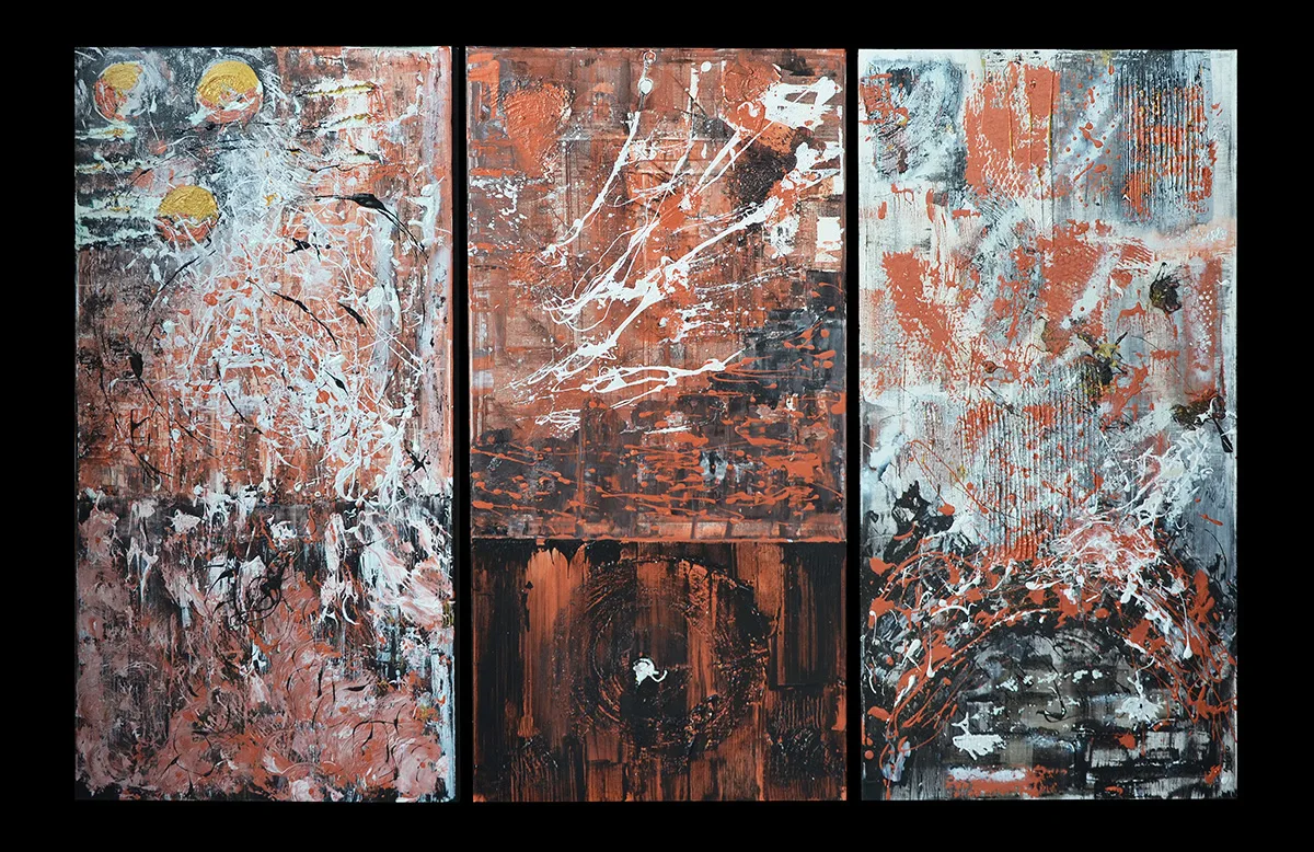 abstract painting abstract art acrylic modern painting triptych copper colors and black benie benedicte beguin