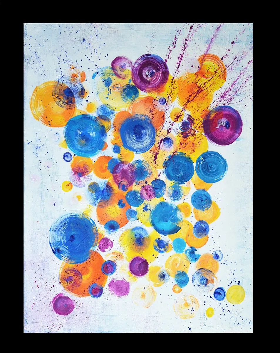 details of Benie's abstract painting Bubbles Explosion coloured painting with rounds