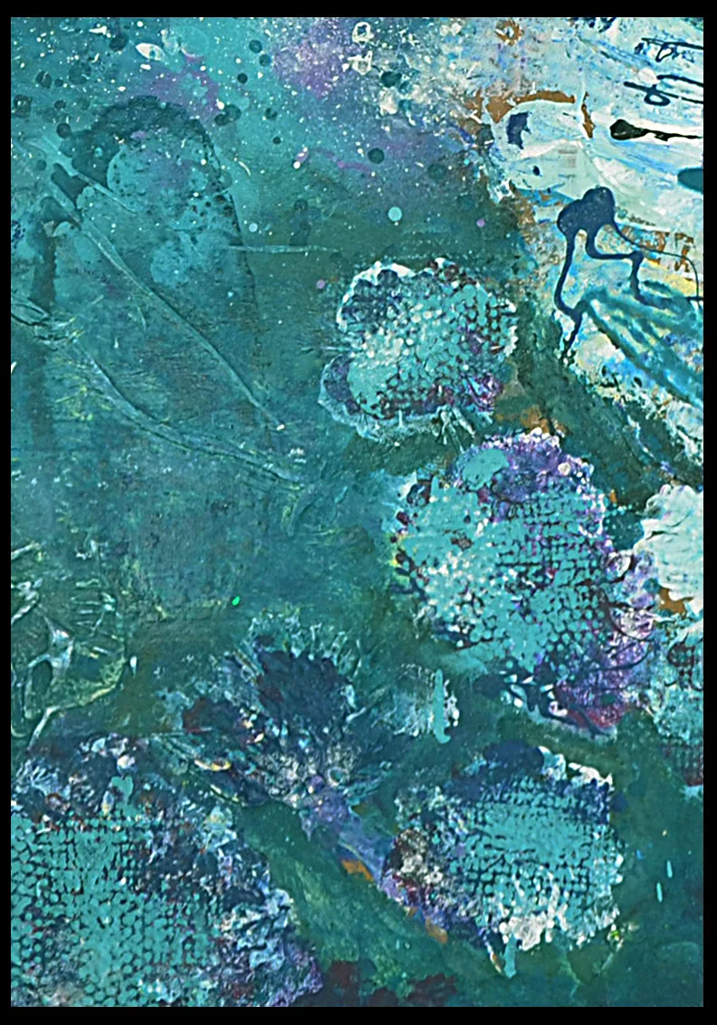 details of Benie's abstract painting Aqua Profundis blue painting with fishes