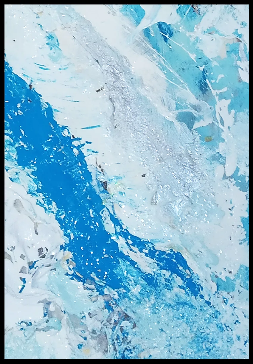 details of Benie's abtsract painting Of water and Ice white and blue painting