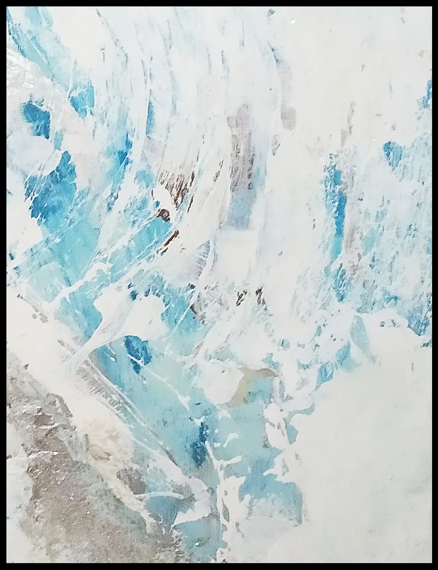 details of Benie's abtsract painting Of water and Ice white and blue painting