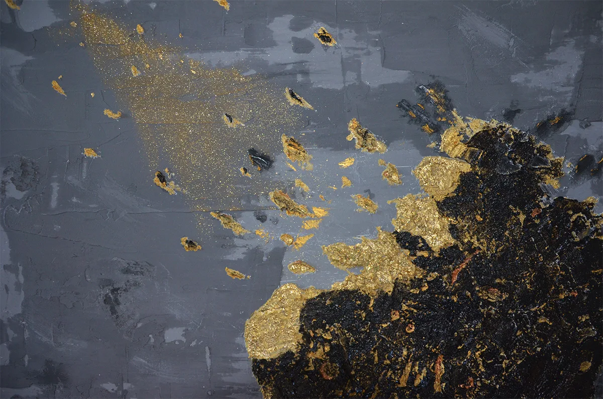 details of Benie's abstract painting Last seconds black paint with gold leaves