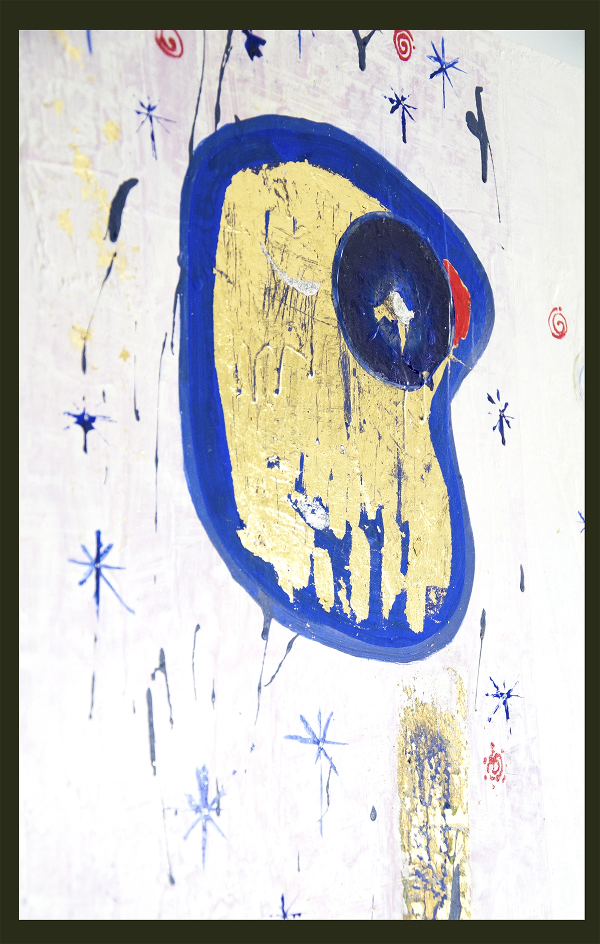 details of Benie's abstract painting Man of the Moon white background large painting on wood