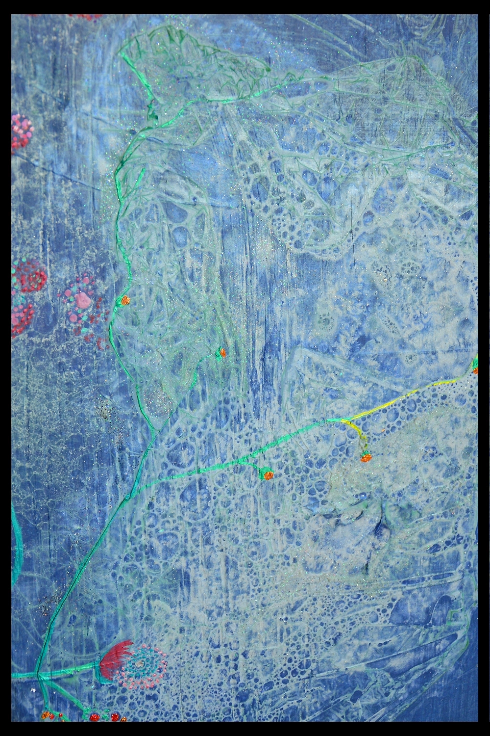 details of Benie's abstract painting Escape Not Game large green flowers earth painting on wood