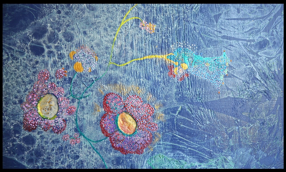 details of Benie's abstract painting Escape Not Game green flowers earth large painting on wood