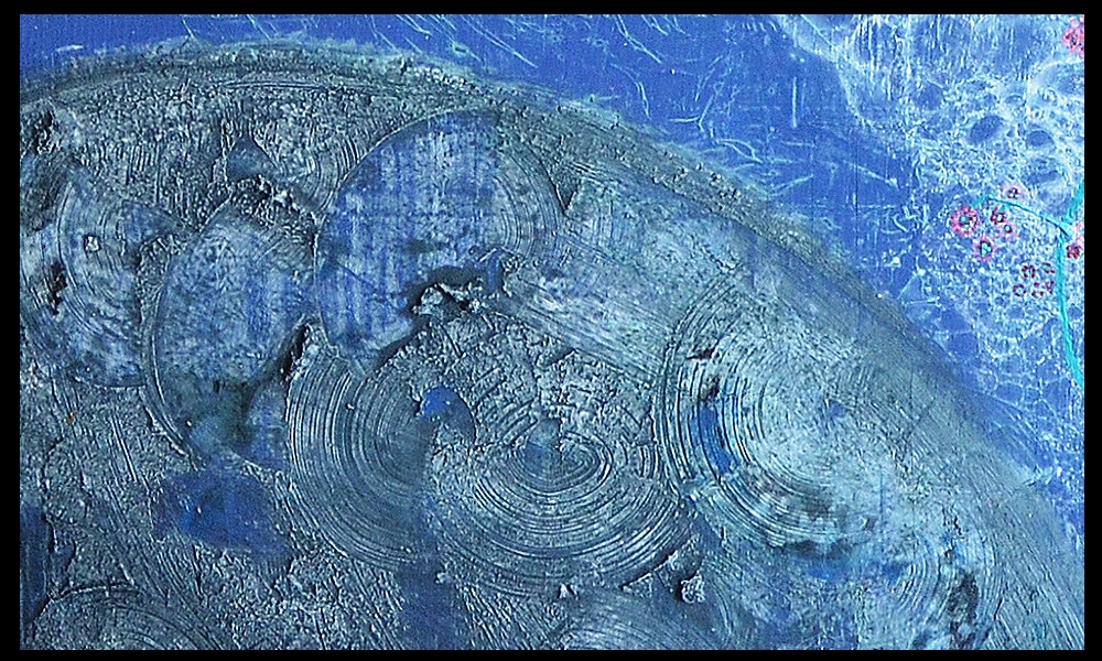 details of Benie's abstract painting Escape Not Game green flowers earth large painting on wood